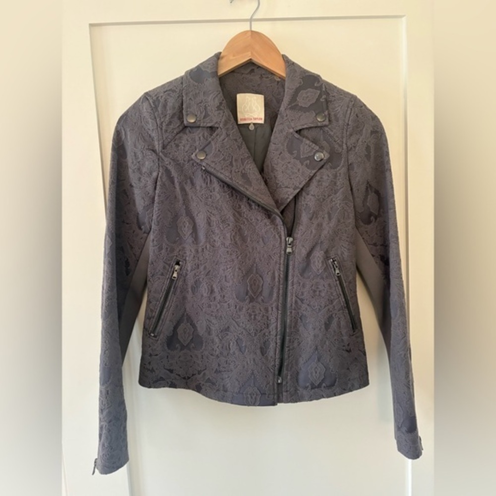 Rebecca Taylor Jacquard Moto Blazer Jacket Gray Textured Size 0